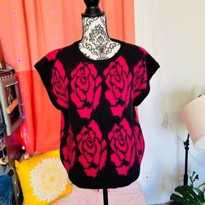 Boundary Waters Women’s Vintage Black Pink Sleeveless Floral Knit Sweater Vest L